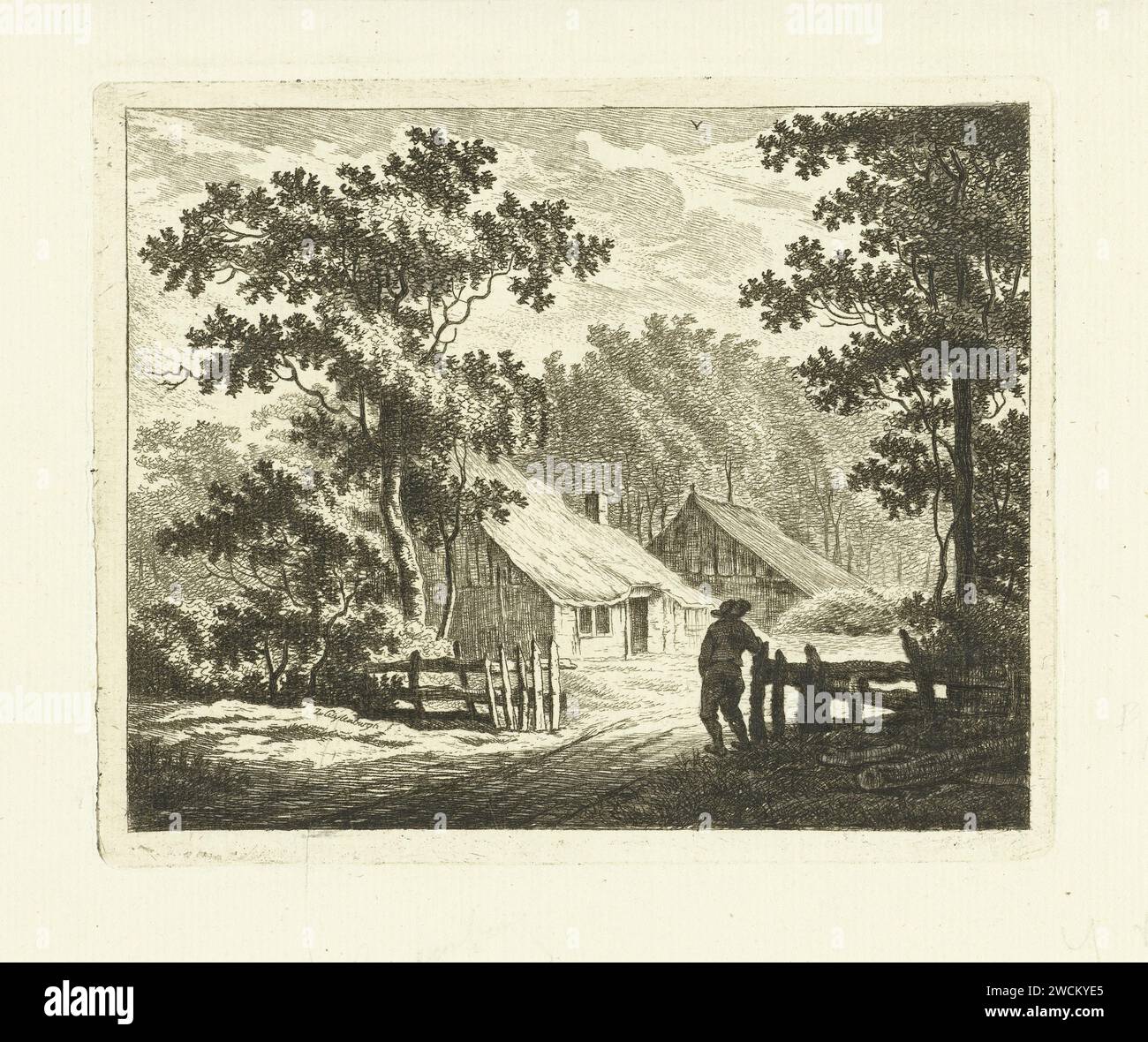 Paesaggio con fattoria e cortile con recinzione, Johannes van Cuylenburgh, 1803 - 1841 stampa olandese carta incisione fattoria o casa solitaria nel paesaggio Foto Stock