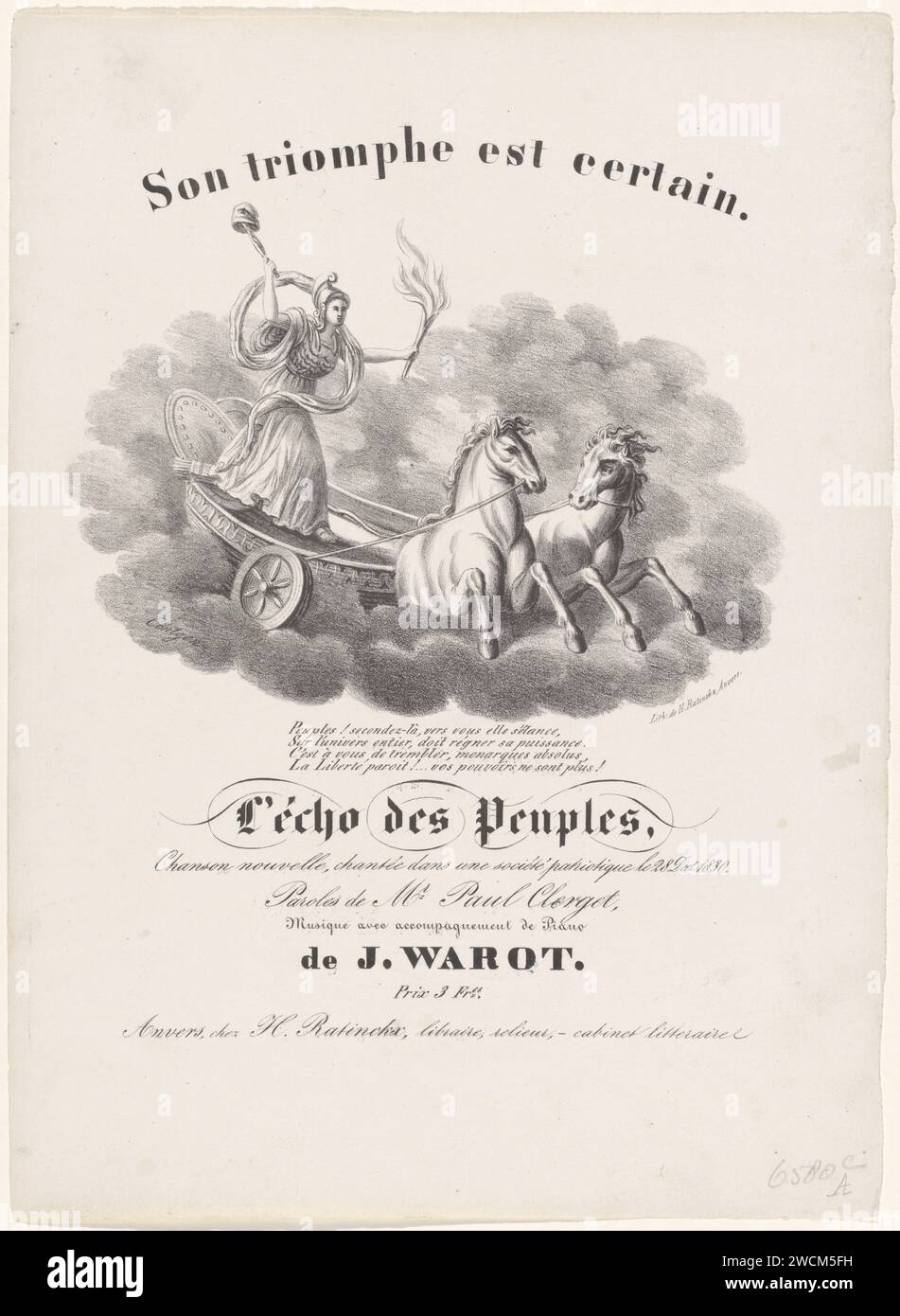 Patriottisch Lied, 1830, J.J. Cöntgen, 1830 stampa Front of the spartMusic (la musica è mancante) per una canzone patriottica, cantata il 28 dicembre 1830. Libertà in un carro trainato da due cavalli tra le nuvole. Un verso di quattro righe nella didascalia. Tipografia: Belgiumprinter: Carta di Anversa libertà, libertà; 'LibertÃ' (Ripa) (+ concetto astratto rappresentato dalla figura femminile) Foto Stock