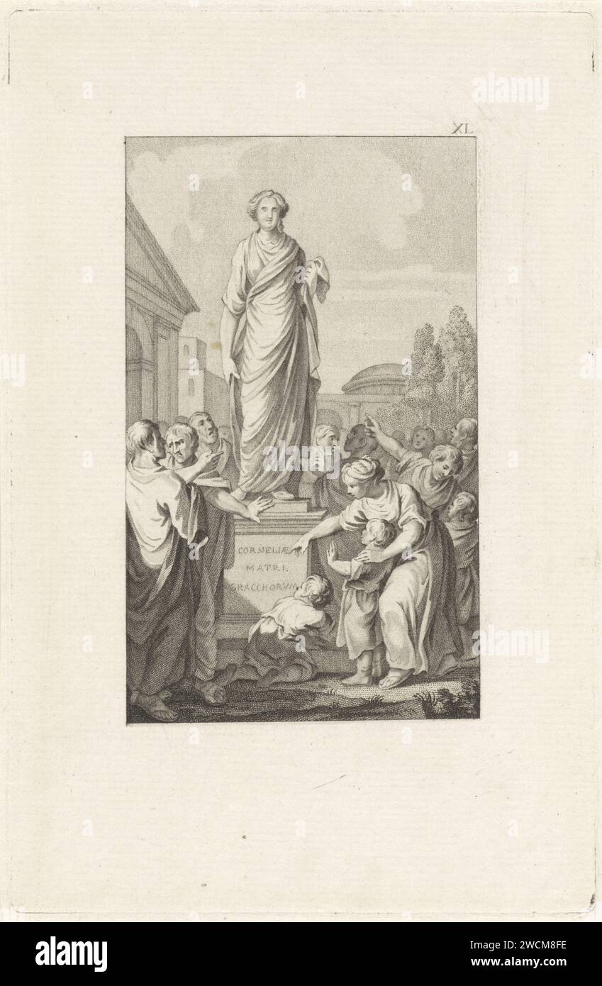 Proposte di Gracchus, Ludwig Gottlieb Portman, dopo Jacobus Buys, stampa del 1797 Tiberio Sempronio Gracco III disegna una riforma su richiesta di sua madre Cornelia. La gente è felice e si costruisce una statua in suo onore. Sulla scuderia De Pieth c'è scritto: "Cornelia, madre dei Gracchen". Amsterdam carta incisione attività non aggressive di Cornelia Foto Stock
