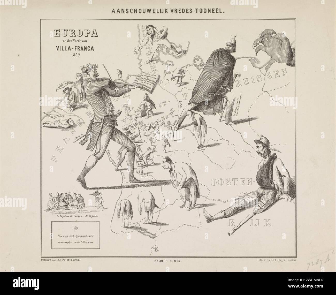 Vredes-toneel / Europa dopo la pace di Villa-Franca 1859, Anonimo, 1859 cartina della situazione politica in Europa centrale dopo la pace di Villafranca nell'anno 1859, concludendo la seconda guerra d'indipendenza italiana. Centrale che gioca in Francia e Prussia dietro un mantello. Tipografia: Netherlandsprinter: Haarlempublisher: Mappe cartacee di Haarlem di diversi paesi o regioni Italia Foto Stock