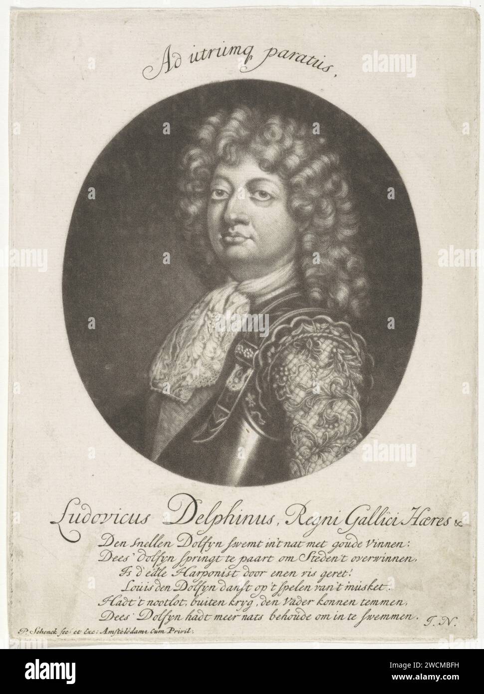 Ritratto del re francese Luigi XIV, Pieter Schenk (i), carta stampata 1670 - 1713 Foto Stock