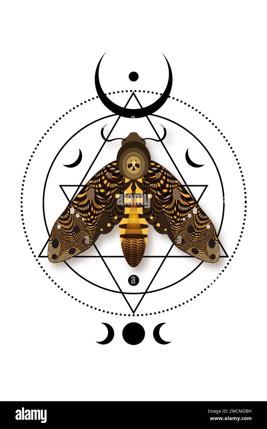 Mistica falena della testa della morte in colori marrone scuro. Cresent Moon e wiccan triplice dea, farfalla con un teschio. Geometria sacra. Alchimia, logo magico Illustrazione Vettoriale