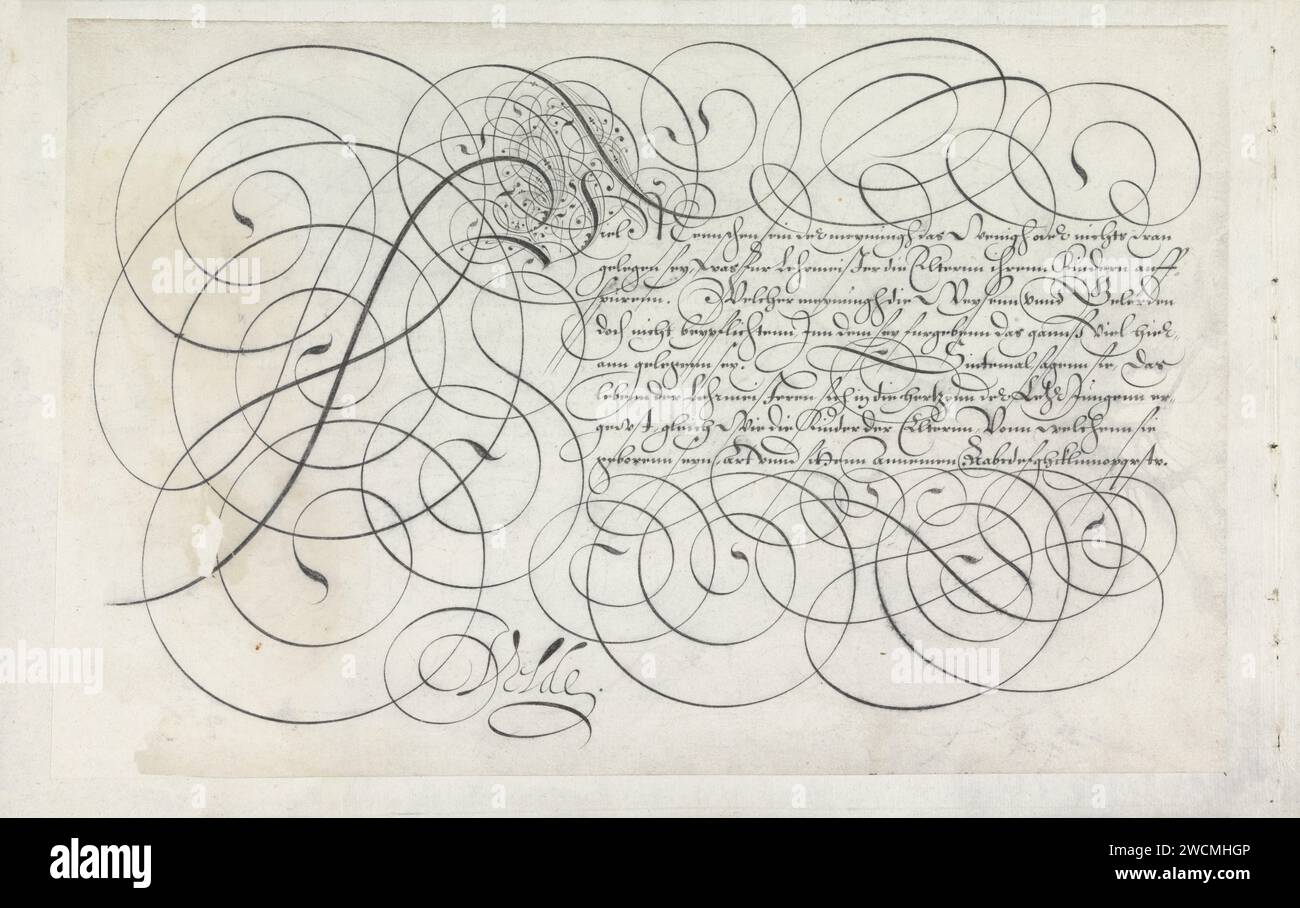 Disegno di un esempio di scrittura: Fell People (...), 1605 disegno calligrafico con iniziale V ornata e otto righe di testo in tedesco: Fell People ... nella parte inferiore di un alfabeto inferiore del gabinetto nella mano in questione. Il testo è incorniciato da arricciatura. Il disegno fa parte di un album. Giornale di Rotterdam. penna a inchiostro/calligrafia calligrafica Foto Stock