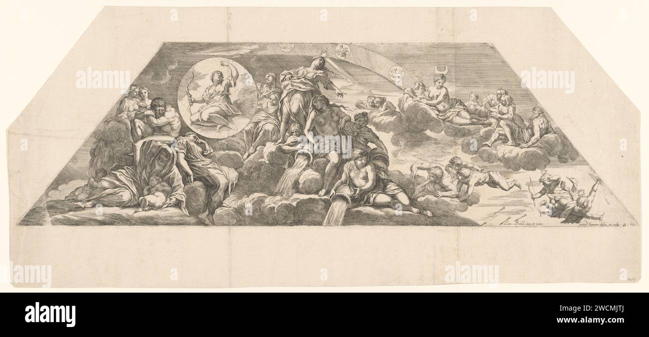 Apollo's Zonnewagen, Eleuter Jerzy Siemiginowski -Szymonowicz, After Lazzaro Baldi, 1670 - 1711 tipografia: Polandafter disegno di: Polandafter pittura di: Italyafter disegno di: Italia incisione su carta (storia di) Apollo (Phoebus) Foto Stock