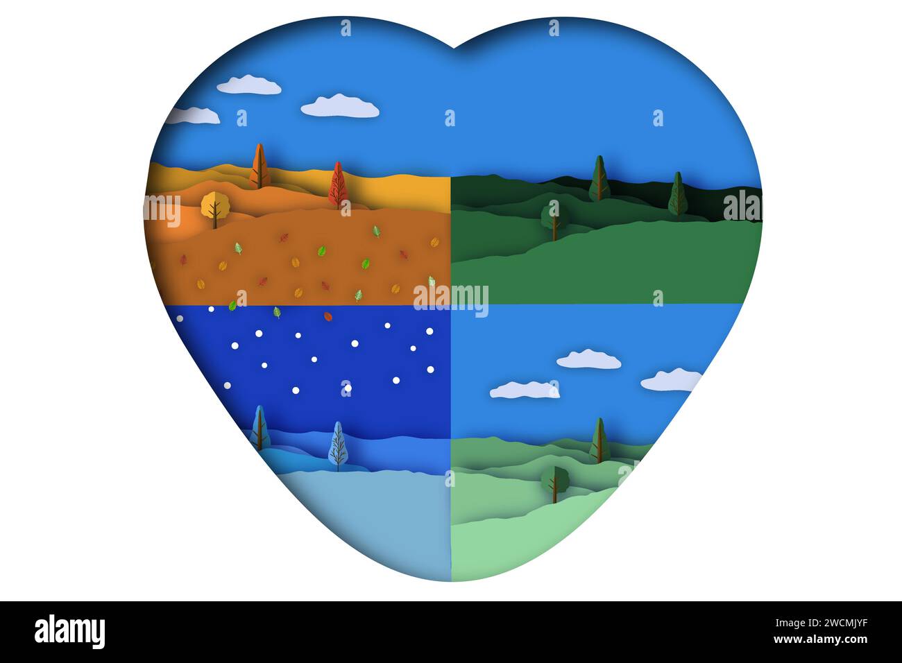 Illustrazione a tema banner di bella forma in carta tagliata per quattro stagioni albero, taglio di carta decorativo costituito da elementi di design quattro stagioni Illustrazione Vettoriale