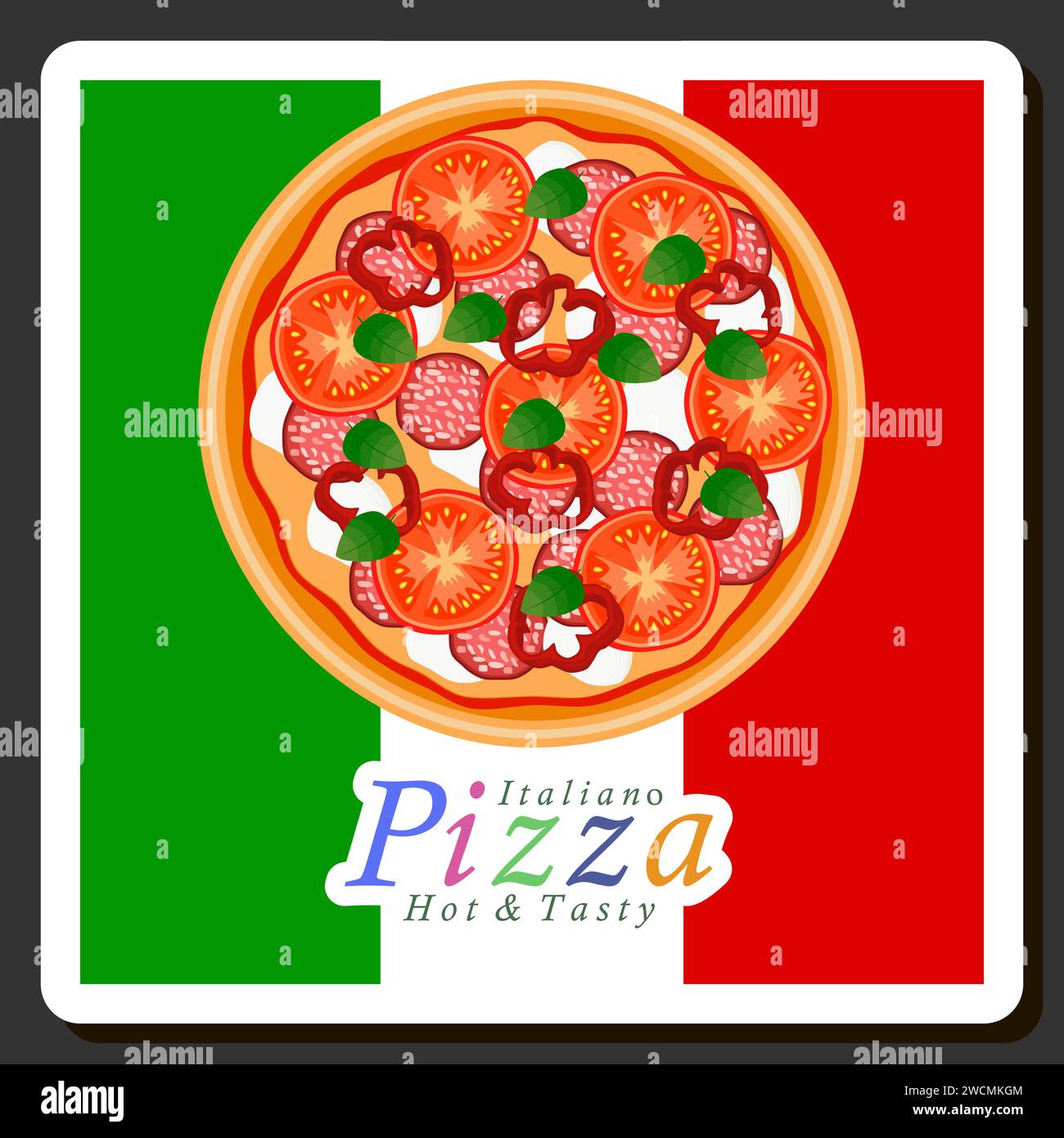 Illustrazione del menu a tema della grande pizza calda e gustosa, pizza italiana composta da vari ingredienti come impasto croccante al forno, pomodoro rosso, GE Illustrazione Vettoriale