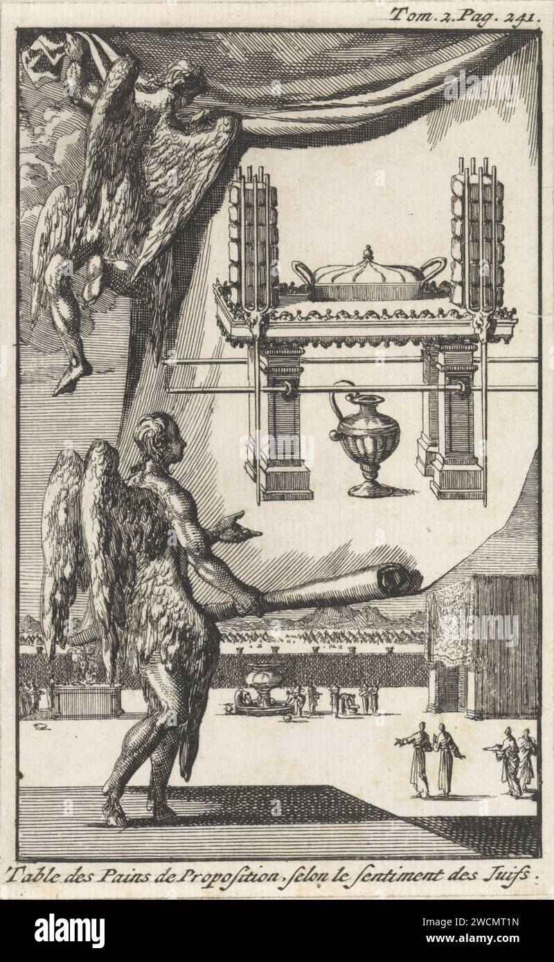Engelen guarda il disegno per la Tavola di Toonbroden, Jan Luyken, 1705 stampa Amsterdam carta incisione tavolo del pane da esposizione nel Tabernacolo  religione ebraica. progettazione o modello architettonico. angeli Foto Stock
