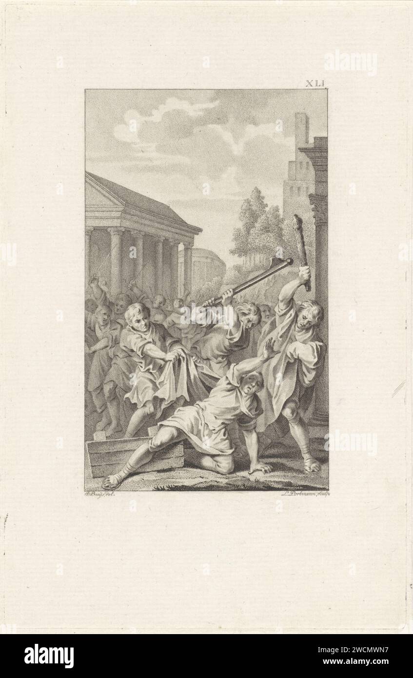 Mori OP Tiberio Alexander, Ludwig Gottlieb Portman, dopo James Buys, stampa del 1797 durante un incontro sul Capitool, Tiberio Sempronio Gracco III, per ordine di suo cugino Scipione Nasica, viene picchiato a morte da uomini con bastoni. Carta di Amsterdam che incide uomini di storia classica (GRACCHUS TIB. S.) - sofferenza, disgrazia della persona dalla storia classica Foto Stock