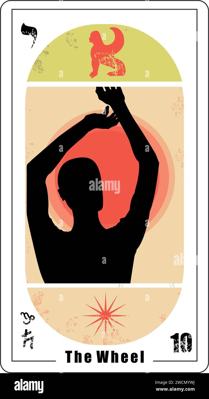 Carta dei Tarocchi egiziani numero dieci, chiamata la ruota. Silhouette di una persona con le braccia alzate e una piccola sfinge. Illustrazione Vettoriale