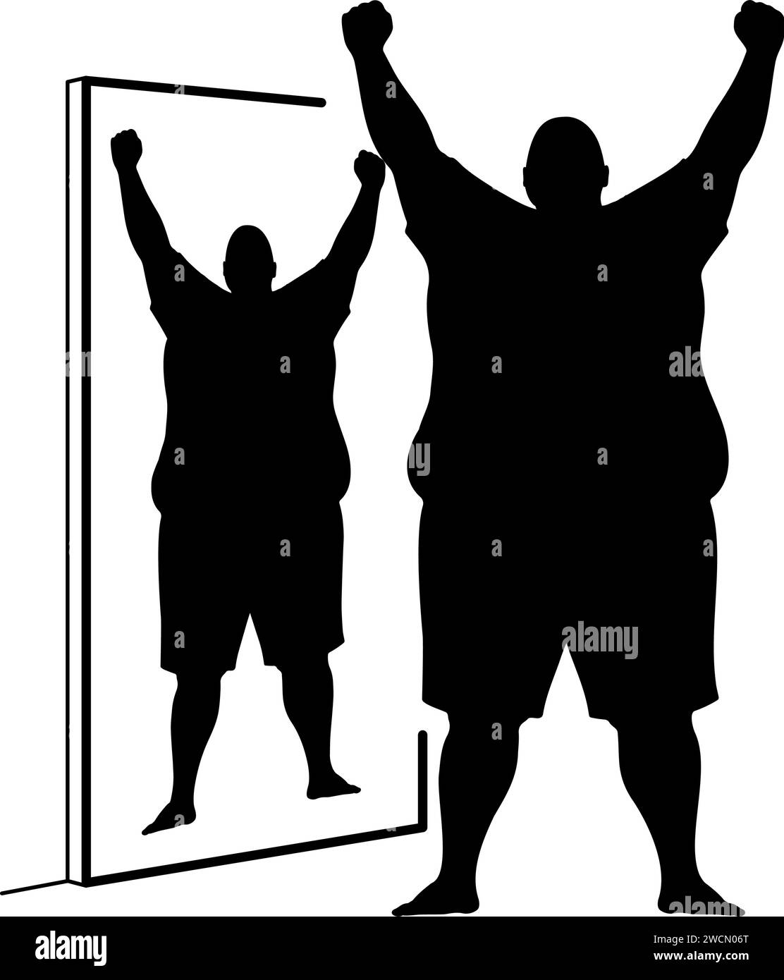 Silhouette di un uomo obeso che si guarda nello specchio e alza le braccia come simbolo di vittoria. Illustrazione vettoriale Illustrazione Vettoriale