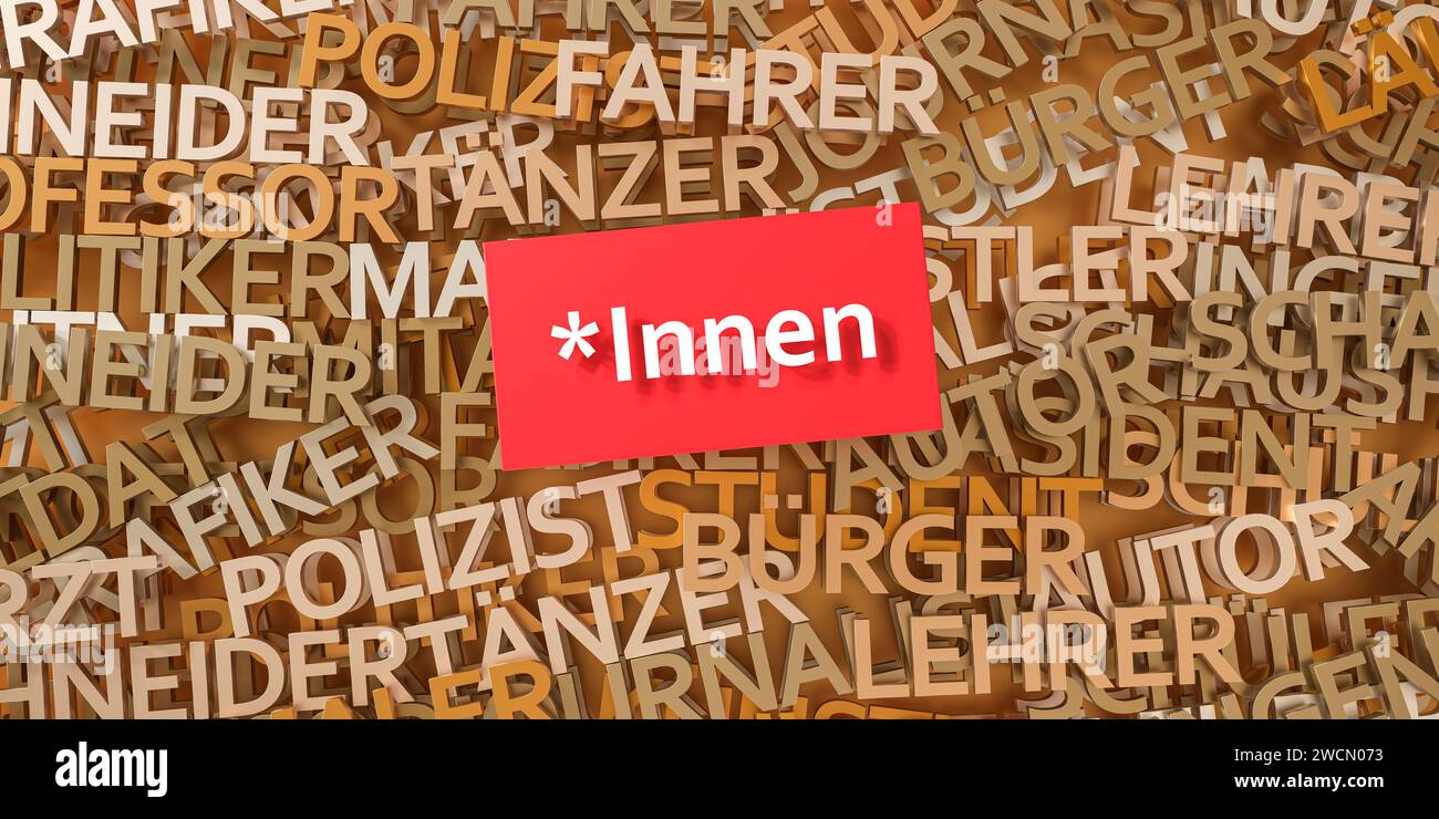 Lingua inclusiva in tedesco. Le parole mascoline generiche grammaticali (sfondo) sono scritte con un '*Innen' aggiunto per mostrare l'inclusione delle femmine e. Foto Stock