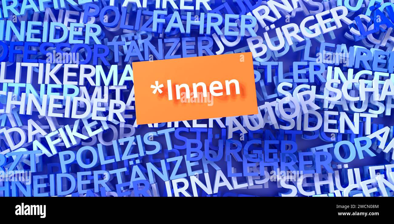 Lingua inclusiva in tedesco. Le parole mascoline generiche grammaticali (sfondo) sono scritte con un '*Innen' aggiunto per mostrare l'inclusione delle femmine e. Foto Stock