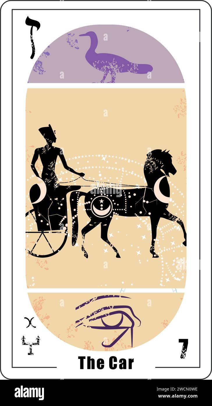 Carta dei tarocchi egiziani numero sette, chiamata carro. Antico carro da guerra con cavalli. Egiziano Illustrazione Vettoriale