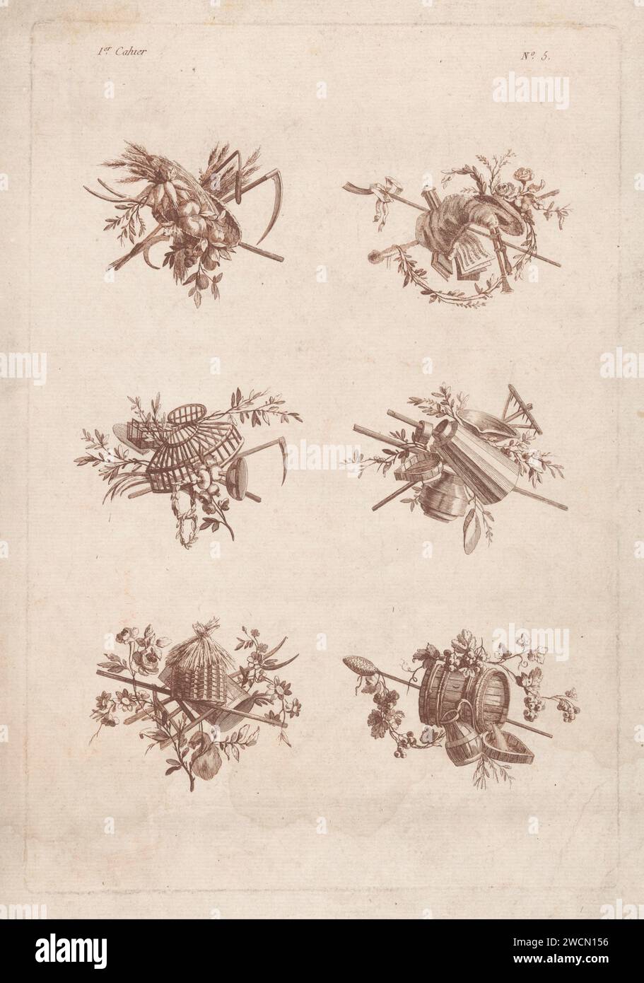 Trofei con attributi agricoli, Pierre Gabriel Berthault, in onore di Pierre Ranson, 1772 - 1779 stampare sei trofei con attributi agricoli come un fiocco di trebbiatura, una falce, una falce, un vegetale, un bastone di pastore, una cornamusa, una gabbia per uccelli, un carn, un concerto, una botte, una botte con viti e un Thyrsus. Trofeo di incisione di carta parigina, cioè: Disposizione decorativa di oggetti simbolici o tipici  ornamento. attrezzi agricoli Foto Stock