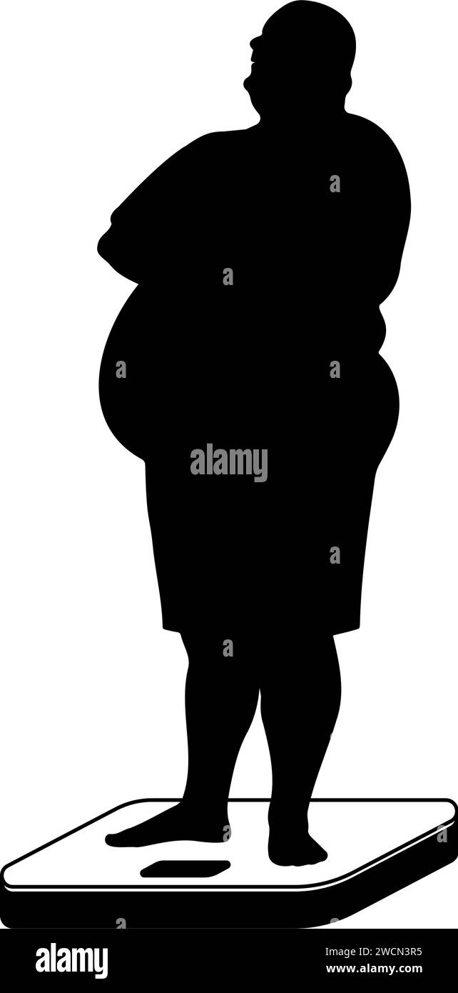 Silhouette di un uomo in sovrappeso in piedi su una bilancia. Illustrazione vettoriale Illustrazione Vettoriale