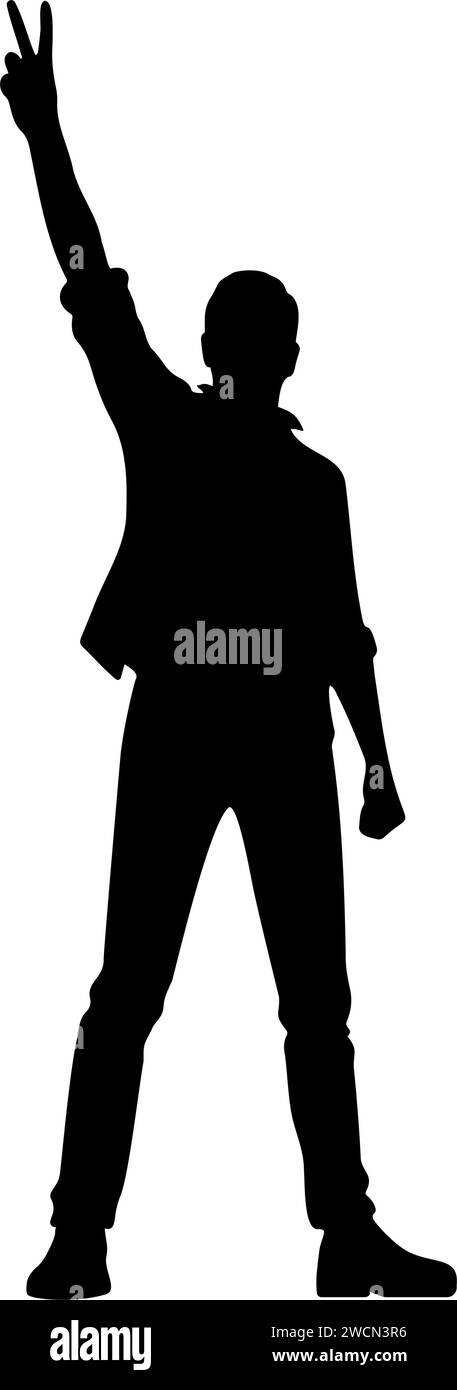 Silhouette di un uomo che alza il braccio con il simbolo della vittoria. Illustrazione vettoriale Illustrazione Vettoriale