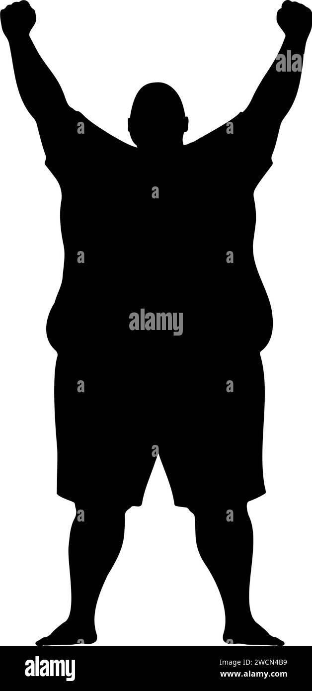Silhouette di un uomo obeso che alza le braccia. Gesto di vittoria. Illustrazione vettoriale Illustrazione Vettoriale