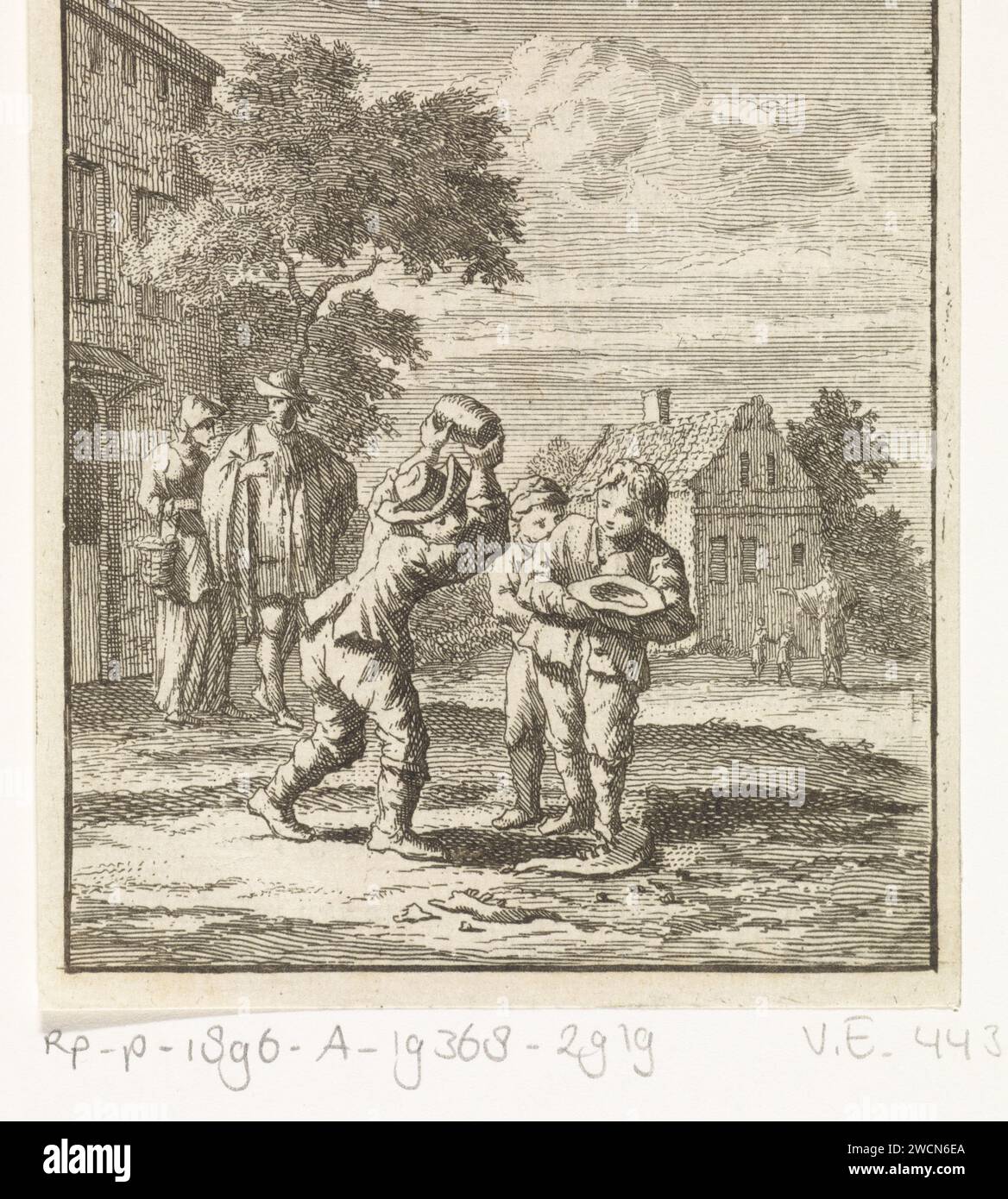 I bambini giocano a Ossekies, Zacharias Chatelain (II), dopo Jan Luyken, 1712 stampa Amsterdam carta incisione / stampa letterpress giochi e giochi per bambini Foto Stock