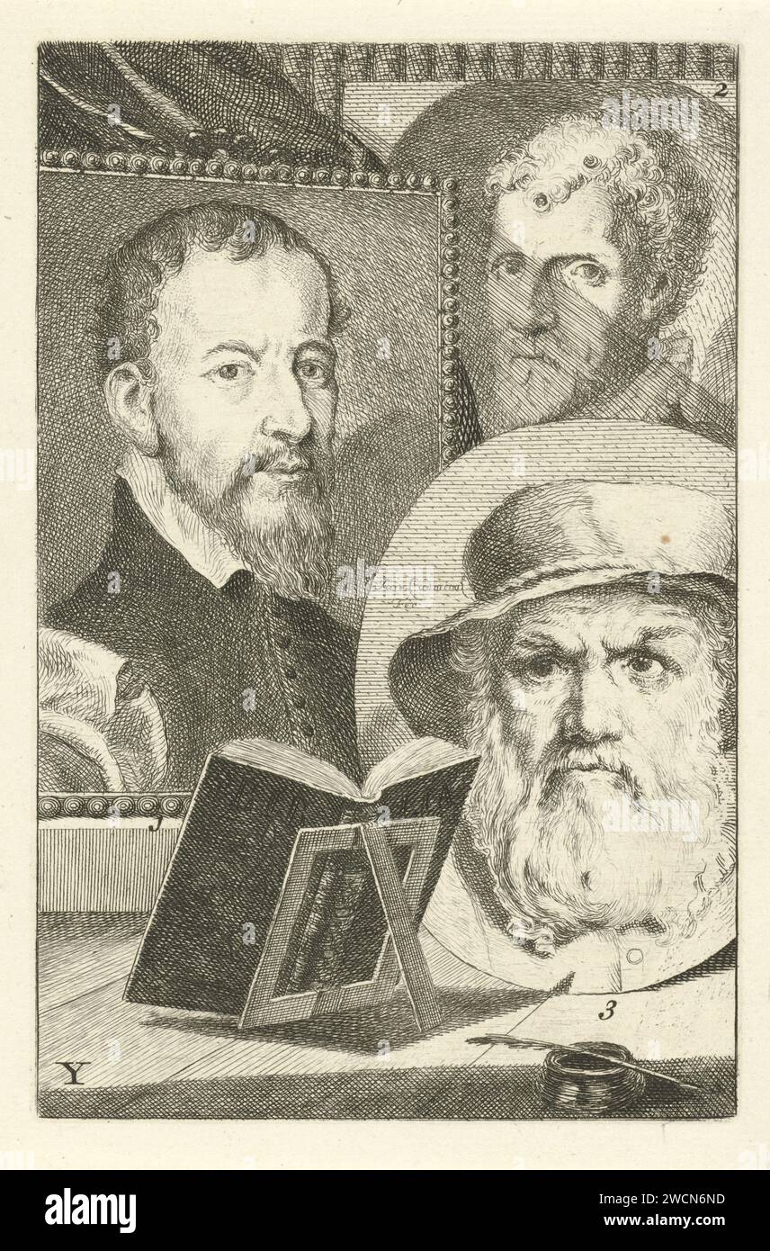 Ritratti di Josse van Liere, Cornelis Cort e Dirck Volckertsz. Coornhert, Jan l'Admiral, 1764 stampa tre ritratti di artisti numerati. Ritratto di Josse van Liere (n. 1), Cornelis Cort (n. 2) e Dirck Volckertsz. Coornhert (n. 3). Stampa in basso a sinistra contrassegnata da: Y. incisione della carta Foto Stock