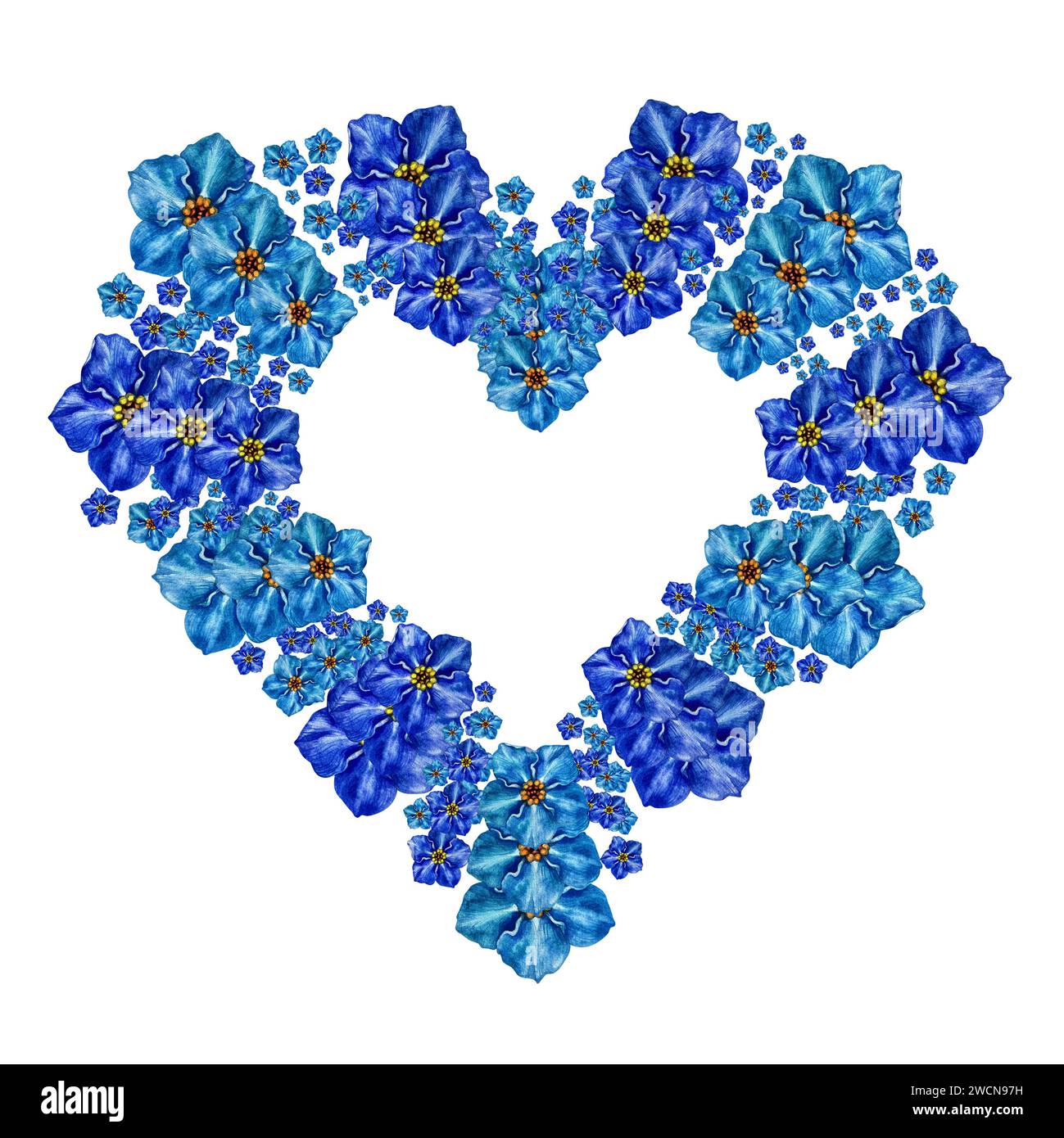 Cuore floreale blu con delicati Forget me Not fiori dipinti ad acquerello. Illustrazione della composizione floreale per inviti, stampe, biglietti di auguri Foto Stock