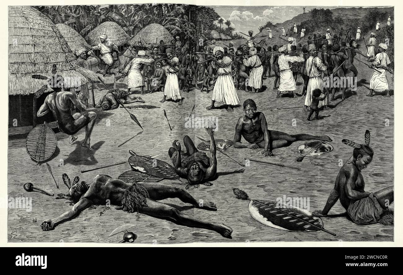 Illustrazione d'epoca i commercianti arabi di schiavi attaccano un villaggio in Africa centrale, storia del commercio di schiavi dell'Africa orientale, anni 1880, XIX secolo Foto Stock