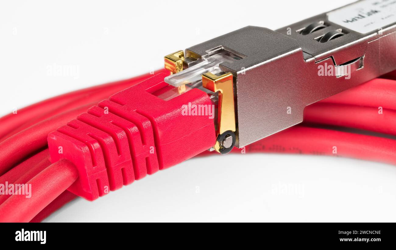 Connettore jack registrato RJ45 nel modulo di interfaccia di rete su sfondo bianco. Primo piano del ricetrasmettitore SFP e dei cavi patch a doppino intrecciato Ethernet rosso. Foto Stock