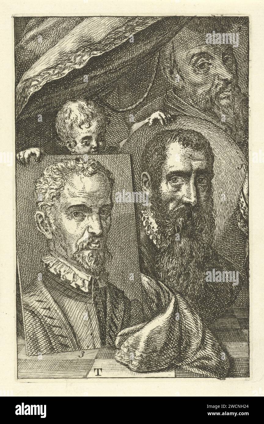 Ritratti di Pieter Brueghel, Joachim Beucklelaer e Hubert Golkzius, Jan l'Admiral, 1764 stampa tre ritratti di artisti numerati. Ritratto di Pieter Brueghel (n. 1), Joachim Beuckelaer (n. 2) e Hubert Goltzius (n. 3). Stampa in basso a sinistra contrassegnata da: T. incisione della carta Foto Stock