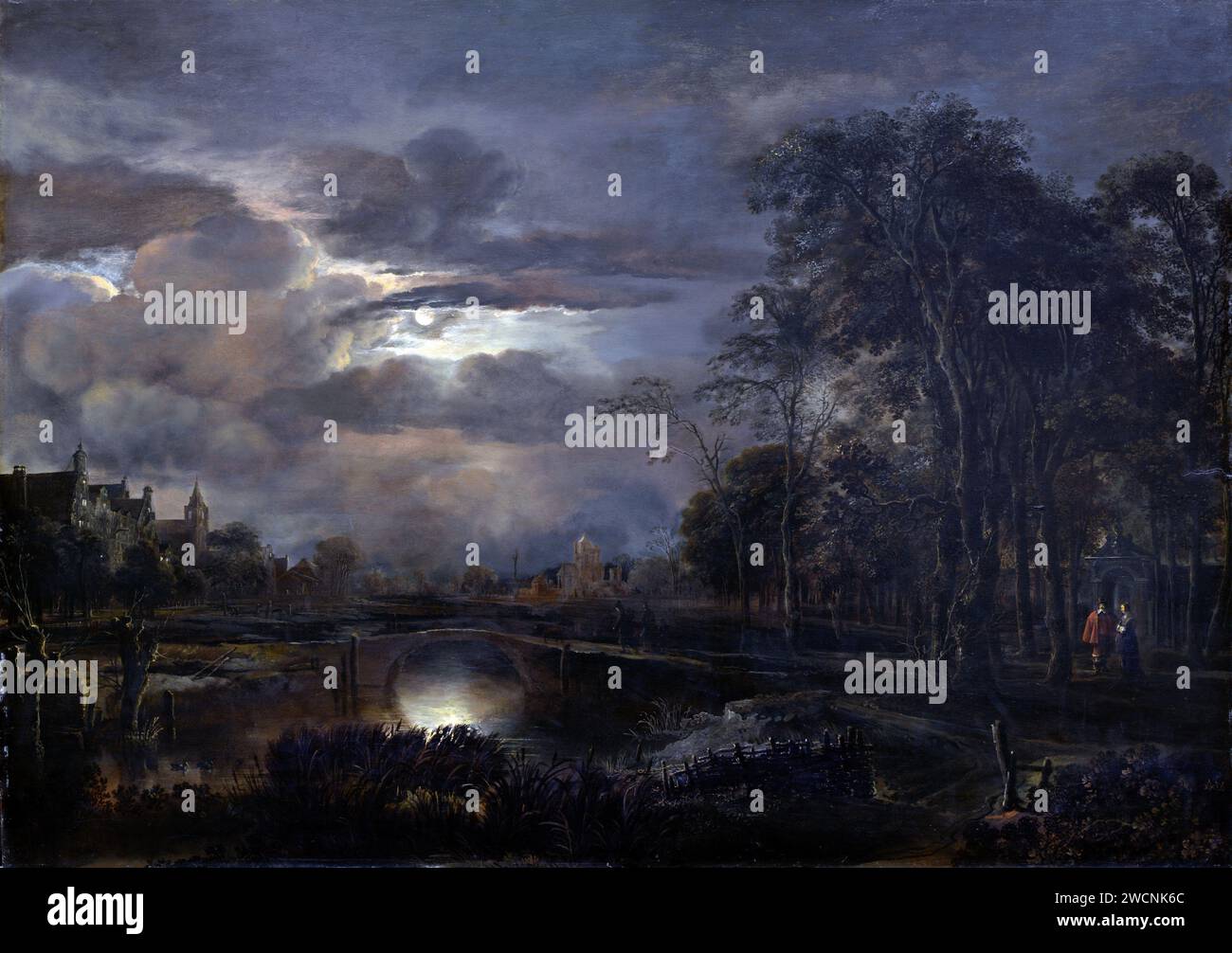 Paesaggio illuminato dalla luna con ponte, dipinto di Aert van der Neer Foto Stock
