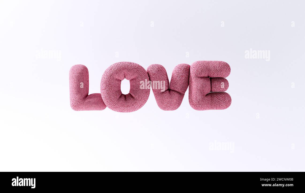 Illustrazione 3D di lettere D'AMORE sotto forma di palloncini gonfiati appesi in aria con materiale di lana rosa chiaro su sfondo chiaro, CGI valentine's Foto Stock