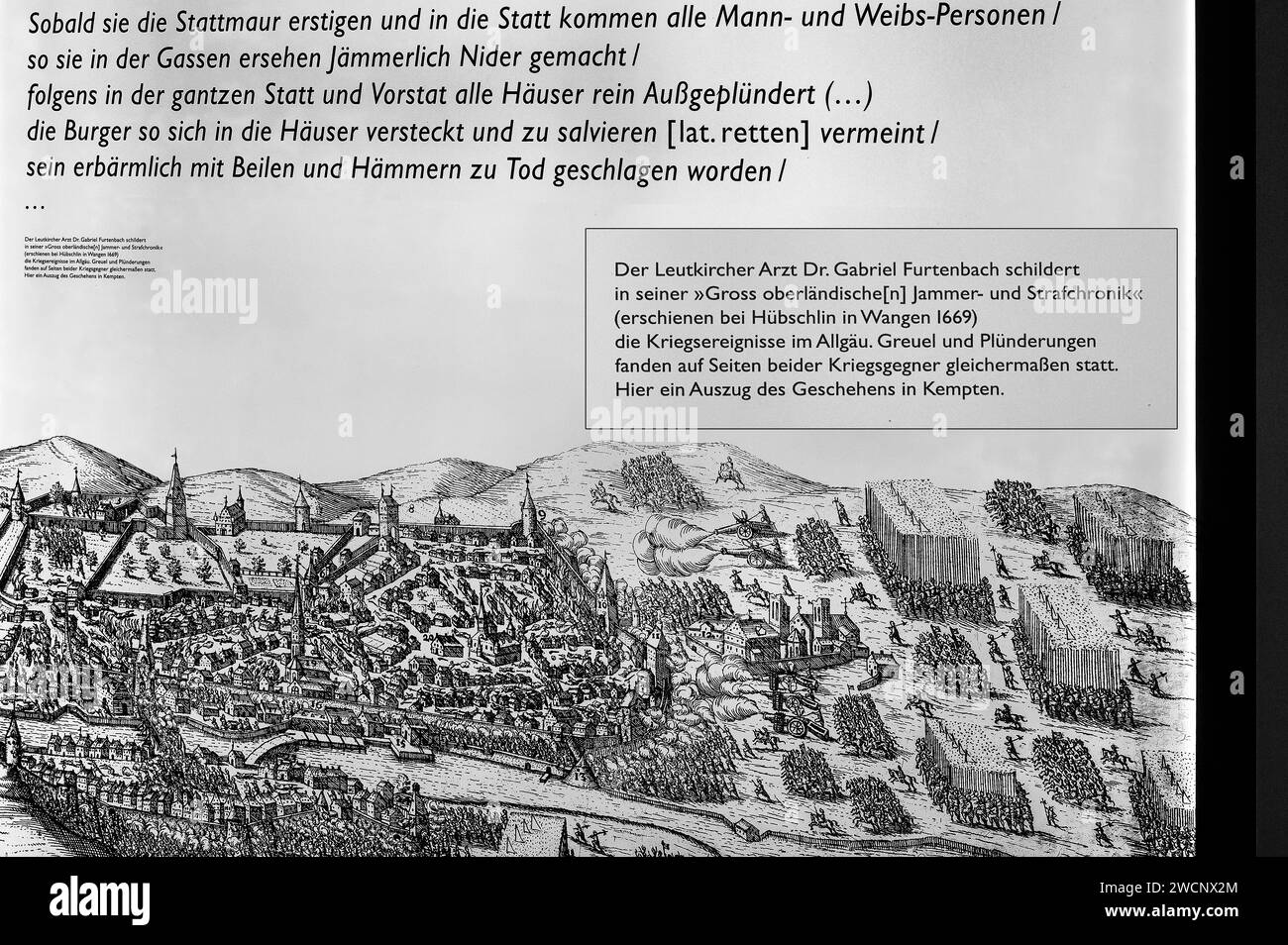 Incisione in rame con informazioni su Kempten durante la Guerra dei Trent'anni, Museo Kempten nella Zumsteinhaus, Kempten, protetta dal patrimonio culturale Foto Stock