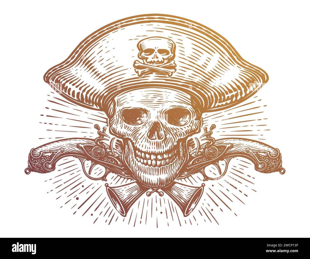 Scheletro di teschio pirata in cappello da capitano pirati e moschetti a pistole incrociate. Illustrazione vettoriale in stile vintage Illustrazione Vettoriale