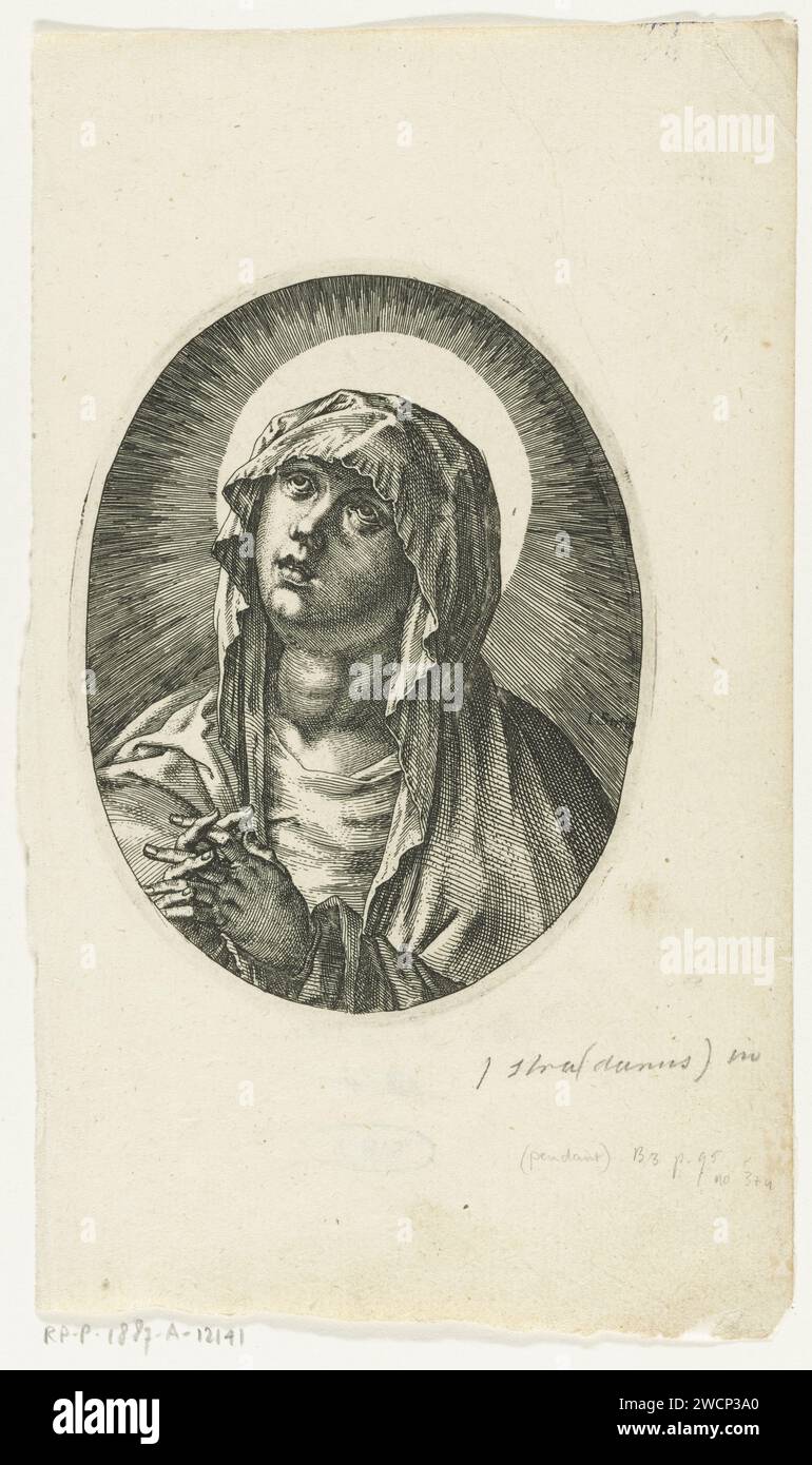 H. Maria, Anonimo, dopo Jan van der Straet, 1582 - 1605 stampa Bust van Maria in Ovaal. Ha piegato le mani e guarda in alto. Una corona di jet intorno alla sua testa. Incisione su carta dei paesi bassi "ritratti" di Maria Foto Stock