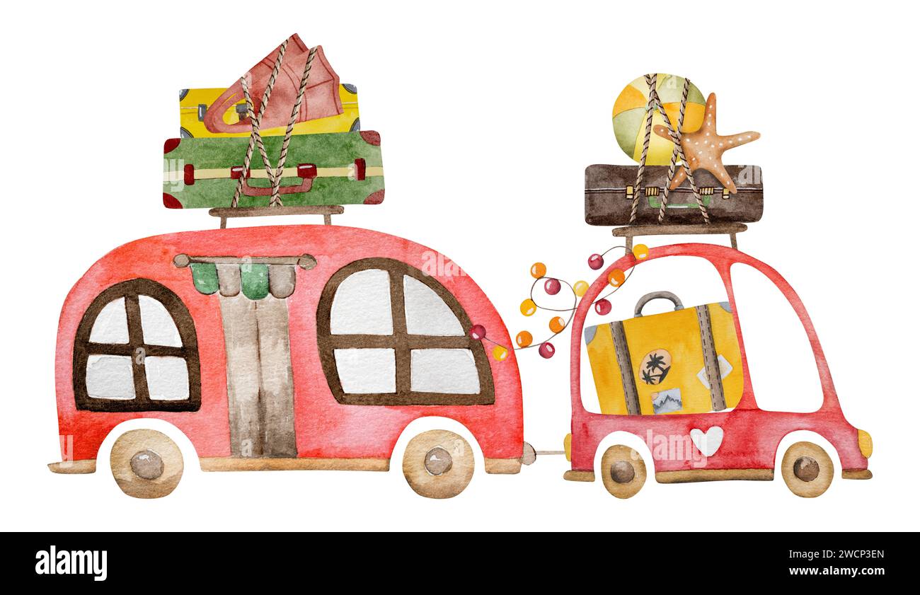 Acquerello dipinto a mano raffigura Un'auto e Una casa mobile in vacanza con le valigie sul tetto, perfetto per il Clipart estivo Foto Stock