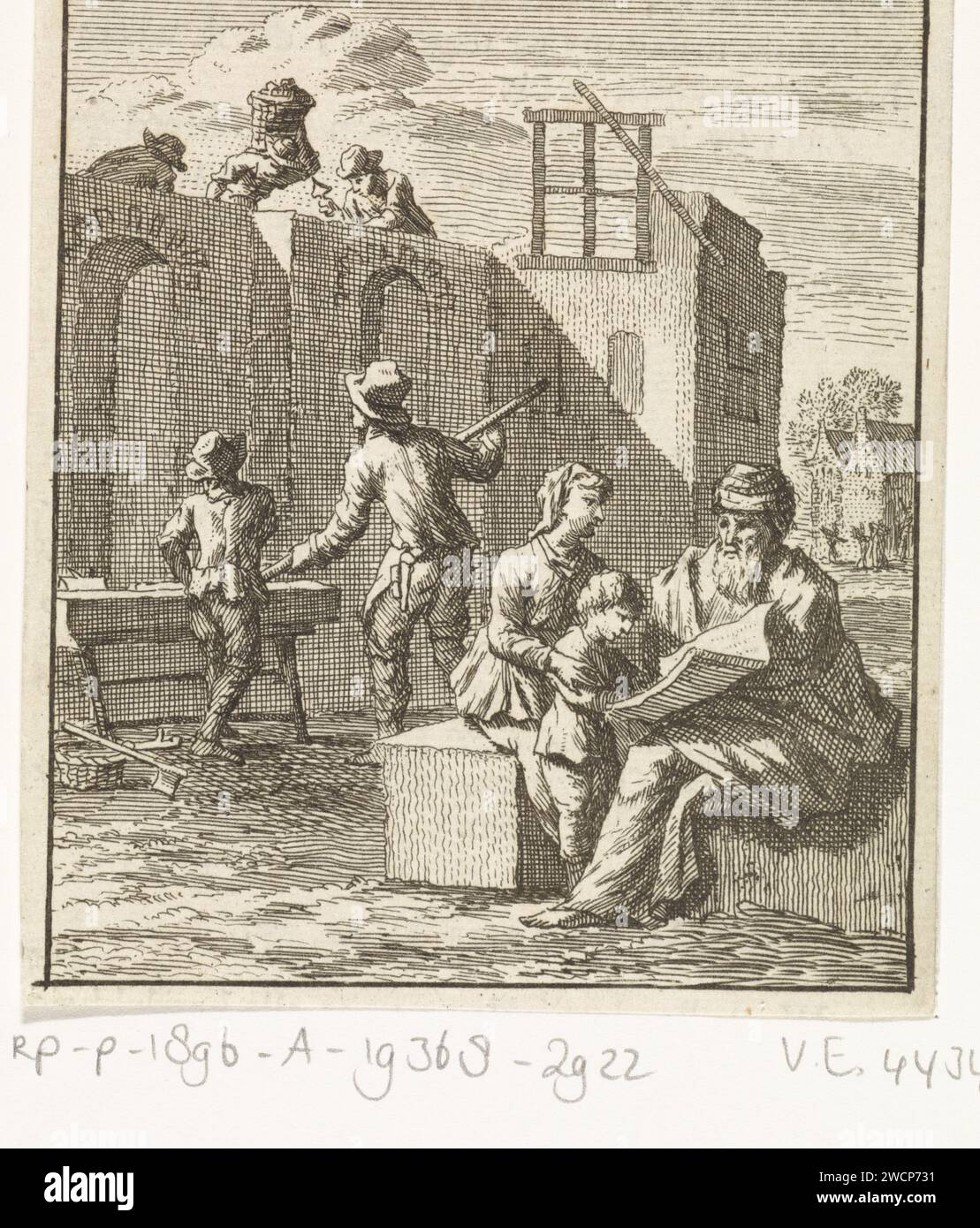 Il nonno mostra a suo nipote una foglia mentre una casa è in costruzione sullo sfondo, Zacharias Chatelain (II), dopo Jan Luyken, 1712 stampa Amsterdam carta incisione / stampa tipografica attività di costruzione. nonni con nipoti (gruppo familiare) Foto Stock