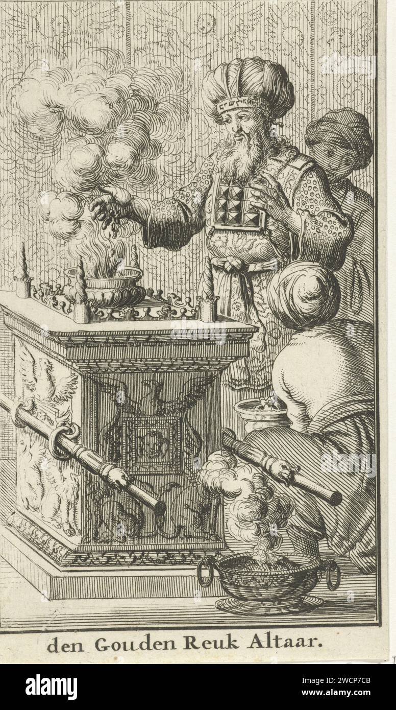 Altare d'oro dal culto ebraico, Jan Luyken, 1683 stampa di Amsterdam carta che incide l'altare dell'incenso, l'altare d'oro  religione ebraica Foto Stock