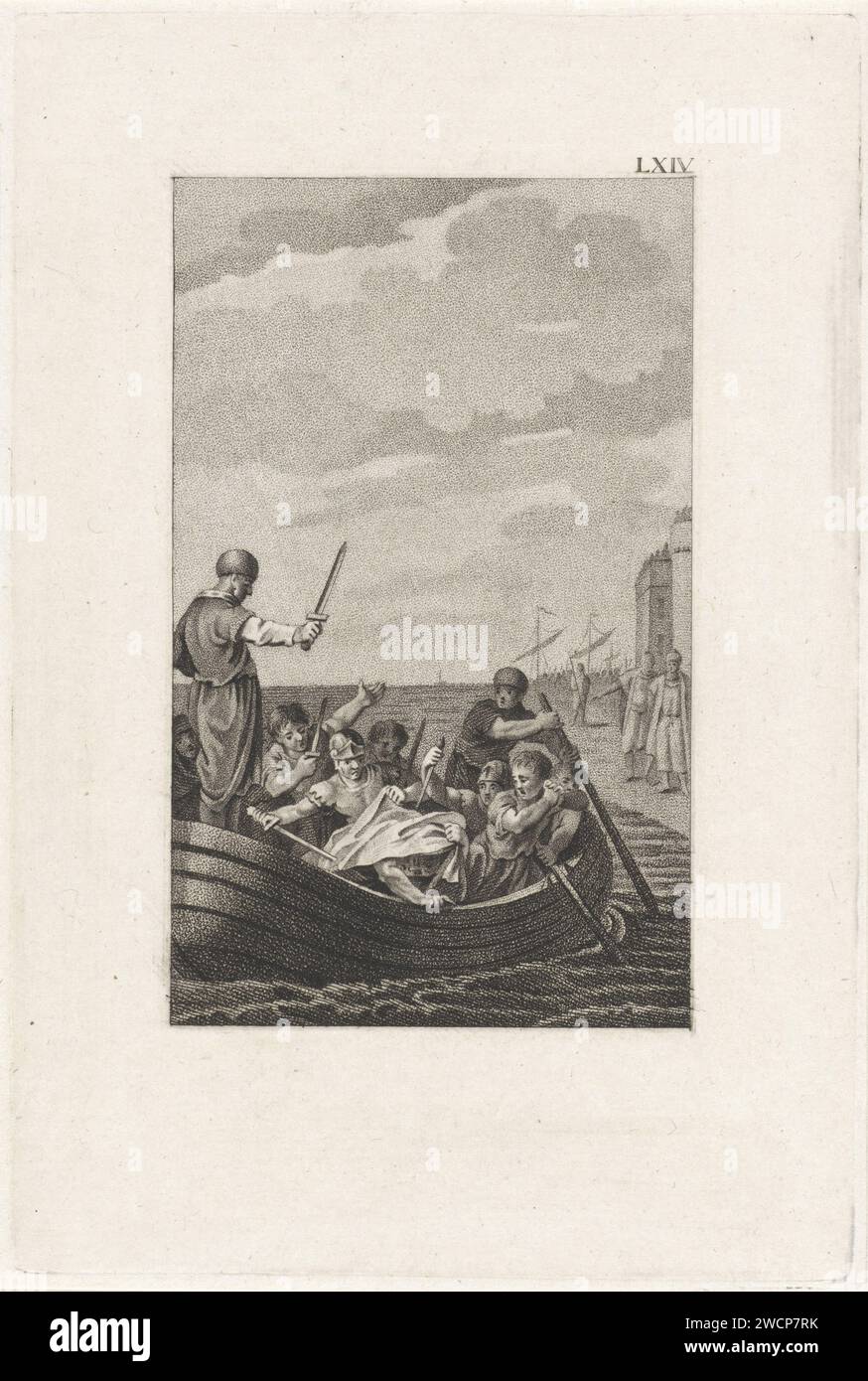 Dood van Pompeius, Ludwig Gottlieb Portman, stampa del 1800 sulla barca che lo porterebbe a riva, Pompeo viene messo dietro da Settimio. Anche Salvio e Achille tirano il pugnale. Pompeo è impotente e tira la sua veste sulla testa. Carta di Amsterdam che incide la morte di Pompeo: Dopo aver lasciato la sua galea, Pompeo viene assassinato nella barca inviata per portarlo a terra Foto Stock