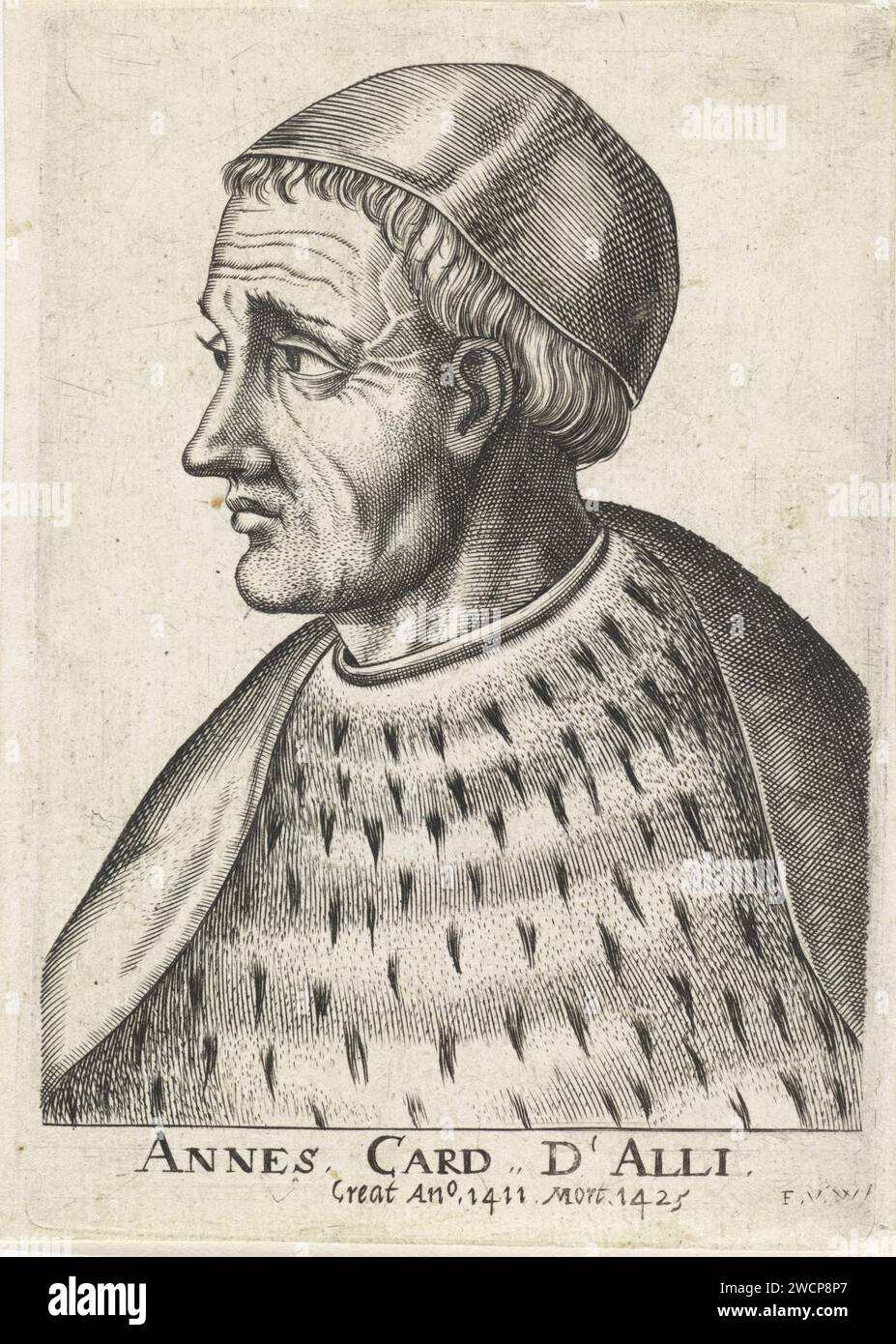 Ritratto del cardinale francese Pierre d'Ailly, Frans van den Wijngaerde, stampa del 1644 carta di Anversa incisione cardinale Foto Stock