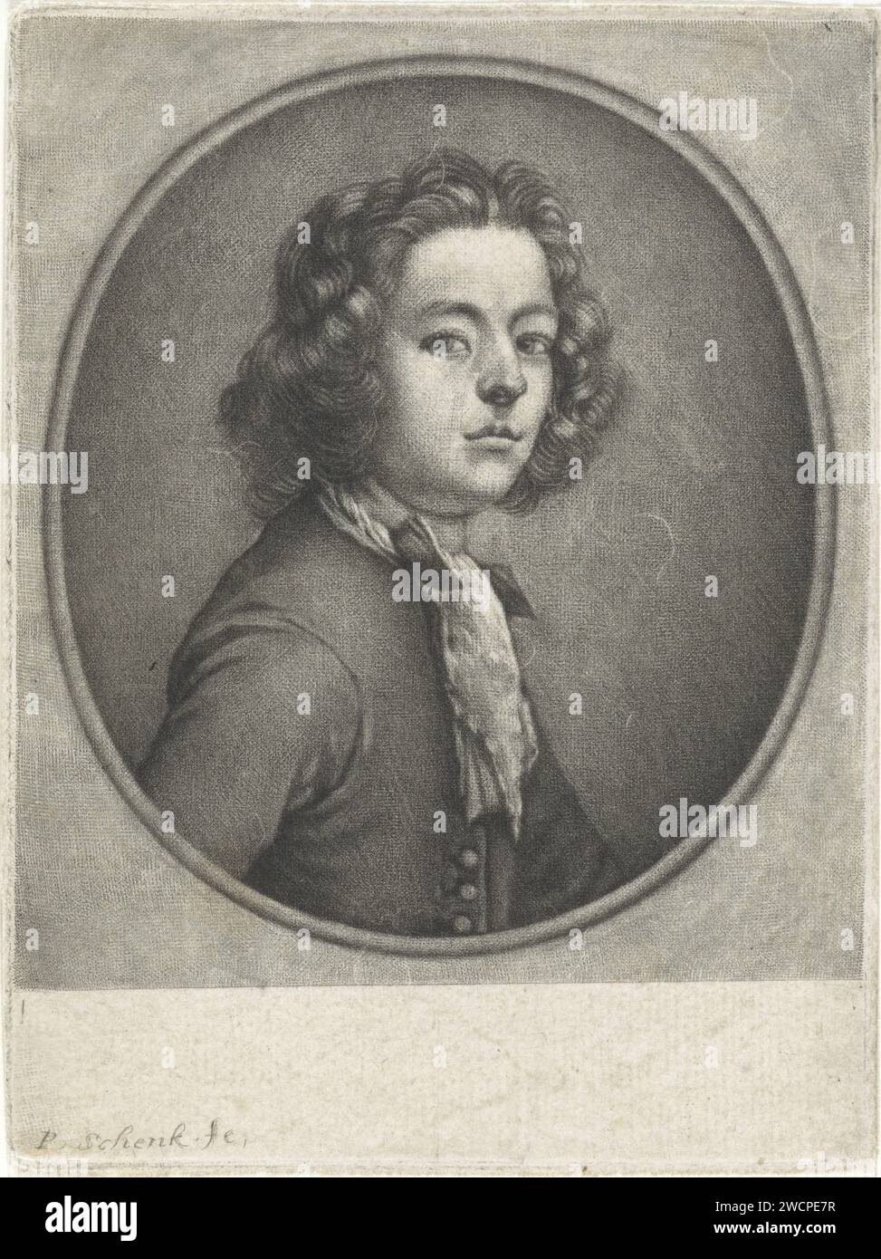 Ritratto di un giovane sconosciuto, Pieter Schenk (i), 1670 - 1713 stampa Amsterdam incisione su carta Foto Stock