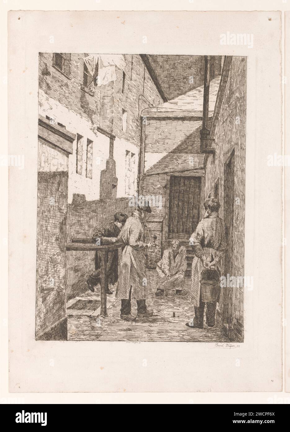 Quattro personaggi giocano a un gioco con sugheri in un vicolo, Josué Dupon, 1887 carte stampate che incidono giochi e giochi per bambini. lane, vicolo Foto Stock