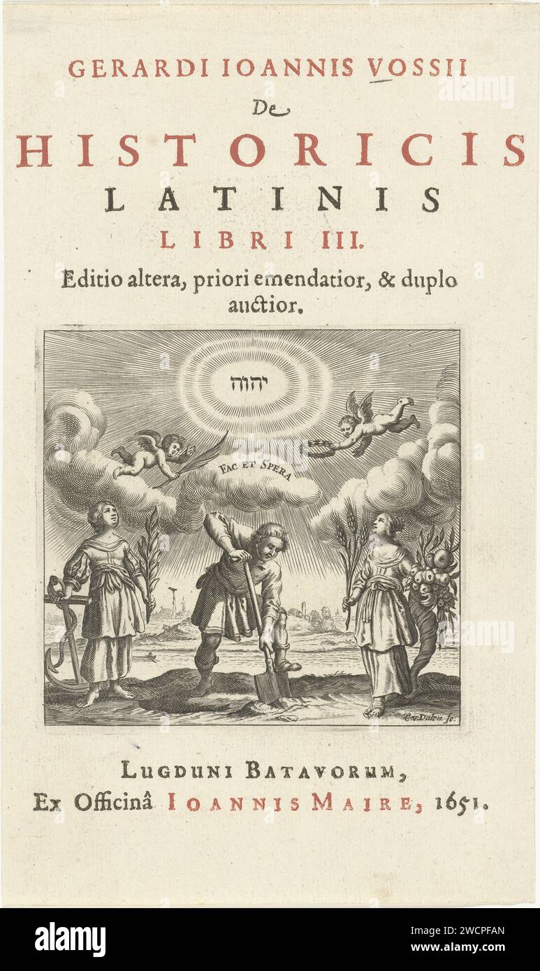 L'uomo mette a terra il calcio in piedi tra personificazioni di speranza e abbondanza, Cornelis van Dalen (i), stampa 1651 l'uomo mette il calcio nel terreno in piedi tra personificazioni di speranza e abbondanza. Il nome di Dio appare nel cielo in lettere ebraiche. Il titolo è stampato in due colori nella stampa di libri. Tipografia: Amsterdampublisher: Leiden cartaceo incisione/stampa di lettere Spes as Roman personification. Abundantia (abbondanza) come personificazione romana. spandimento  coltivazione del terreno Foto Stock