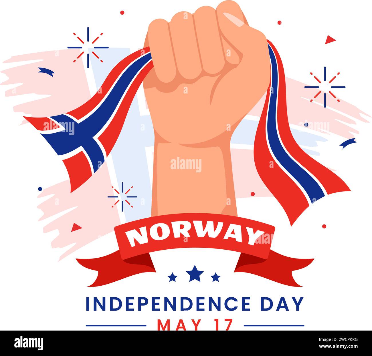 Illustrazione vettoriale del giorno dell'indipendenza della Norvegia il 17 maggio con bandiera norvegese e nastro in National Holiday Celebration Flat Cartoon background Illustrazione Vettoriale
