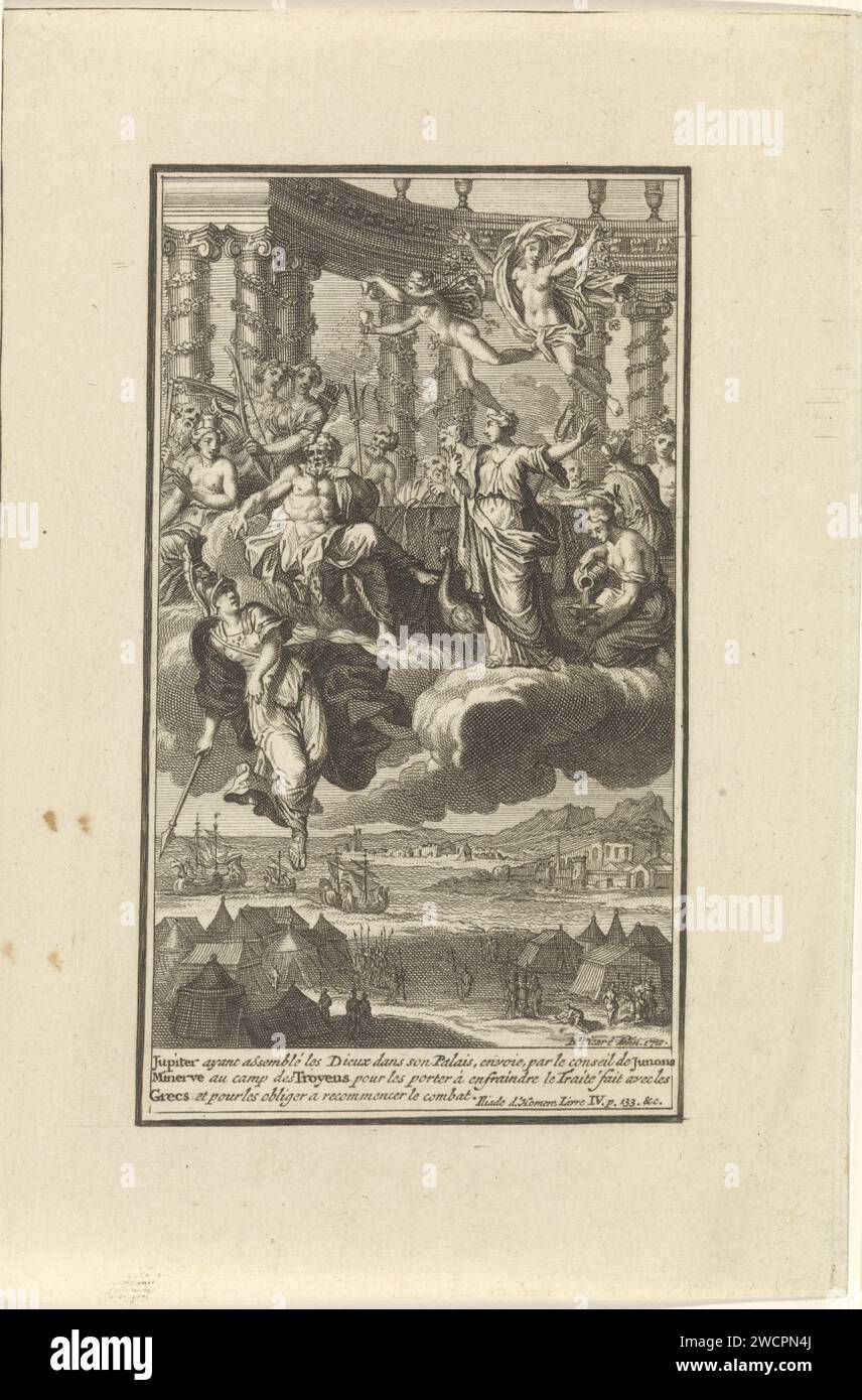 Gods Meet About the Trojan War, Bernard Picart (laboratorio o), dopo Bernard Picart, stampa del 1710 Giove invita tutti gli dei a incontrarsi sulla guerra di Troia. Minerva ha il permesso di combattere dalla parte dei Troiani. A margine una didascalia in francese. La carta di Amsterdam incide la battaglia e si rivolge contro i greci (Iliade XI-XV). assemblee degli dei in aria, forse sulle nuvole Foto Stock