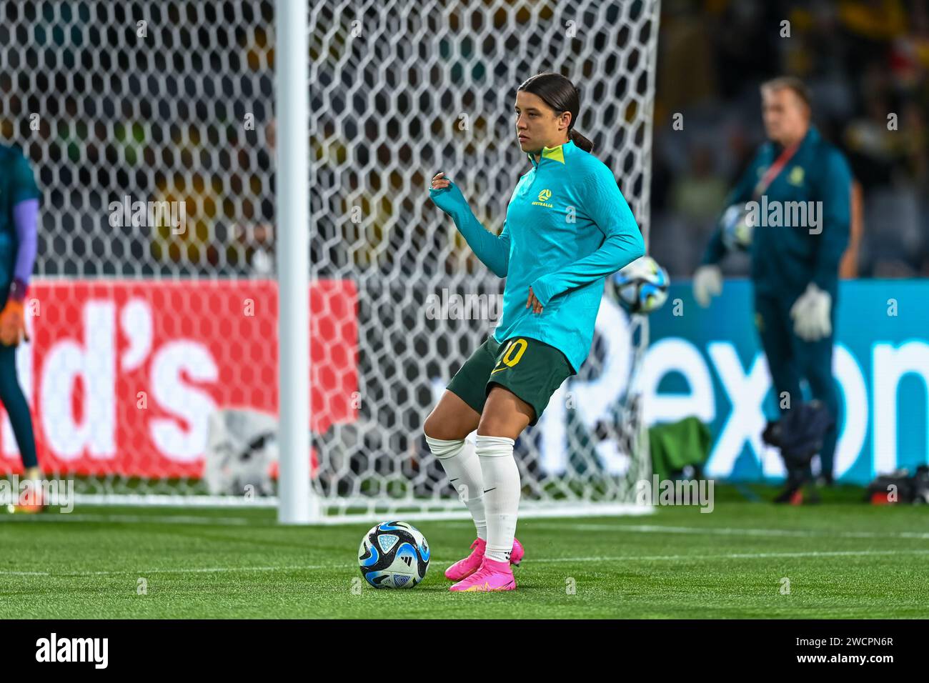 Sam Kerr si scalda al round Australia contro Danimarca del 16 della Coppa del mondo femminile 2023 Australia e nuova Zelanda, Sydney, Australia, 7 agosto Foto Stock