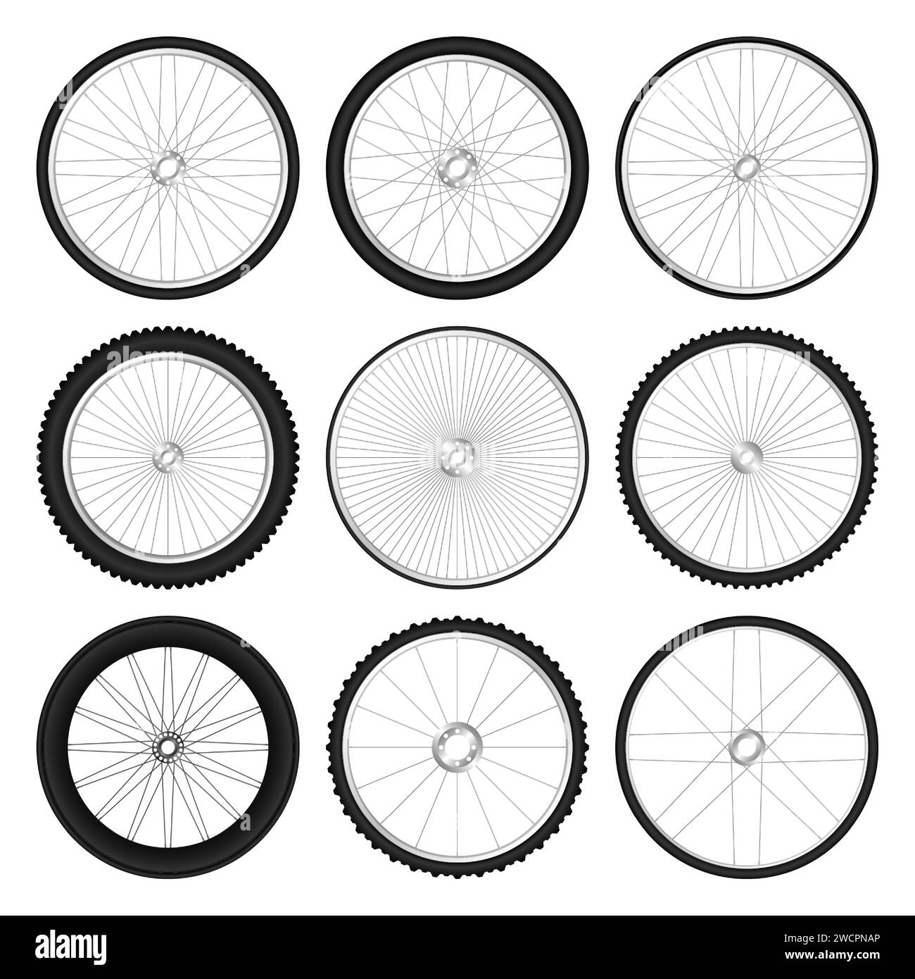 Ruote 3d realistiche per biciclette. Pneumatici in gomma, razze e cerchi in metallo lucido. Cyclette, escursioni, sport, Road e mountain bike. Vettore Illustrazione Vettoriale