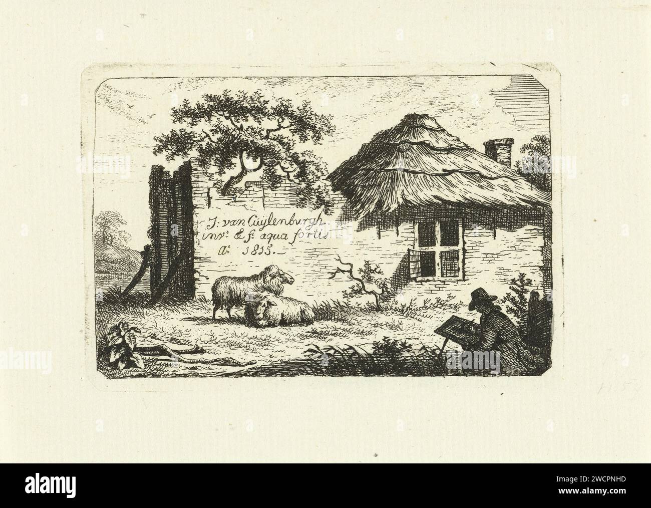 Disegnatore presso una fattoria scaduta con due pecore, Johannes van Cuylenburgh, disegnatore olandese di incisione su carta stampata 1815 al lavoro. abitazione trascurata Foto Stock