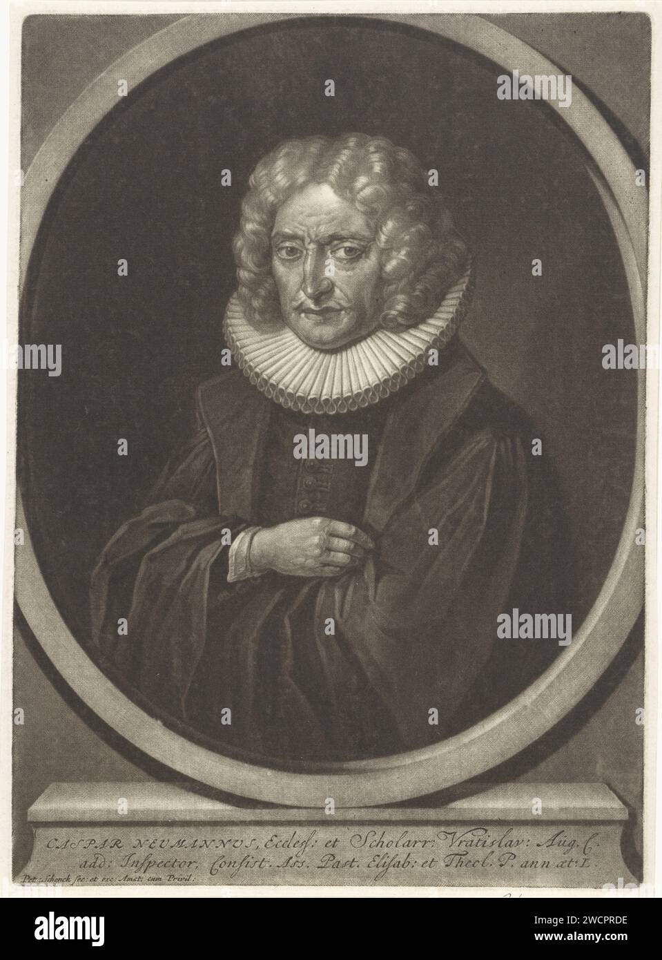 PortraT van Kaspar Neumann, Pieter Schenk (i), 1670 - 1713 stampa il teologo e poeta Kaspar Neumann all'età di 50 anni. Teologo dell'incisione su carta di Amsterdam Foto Stock