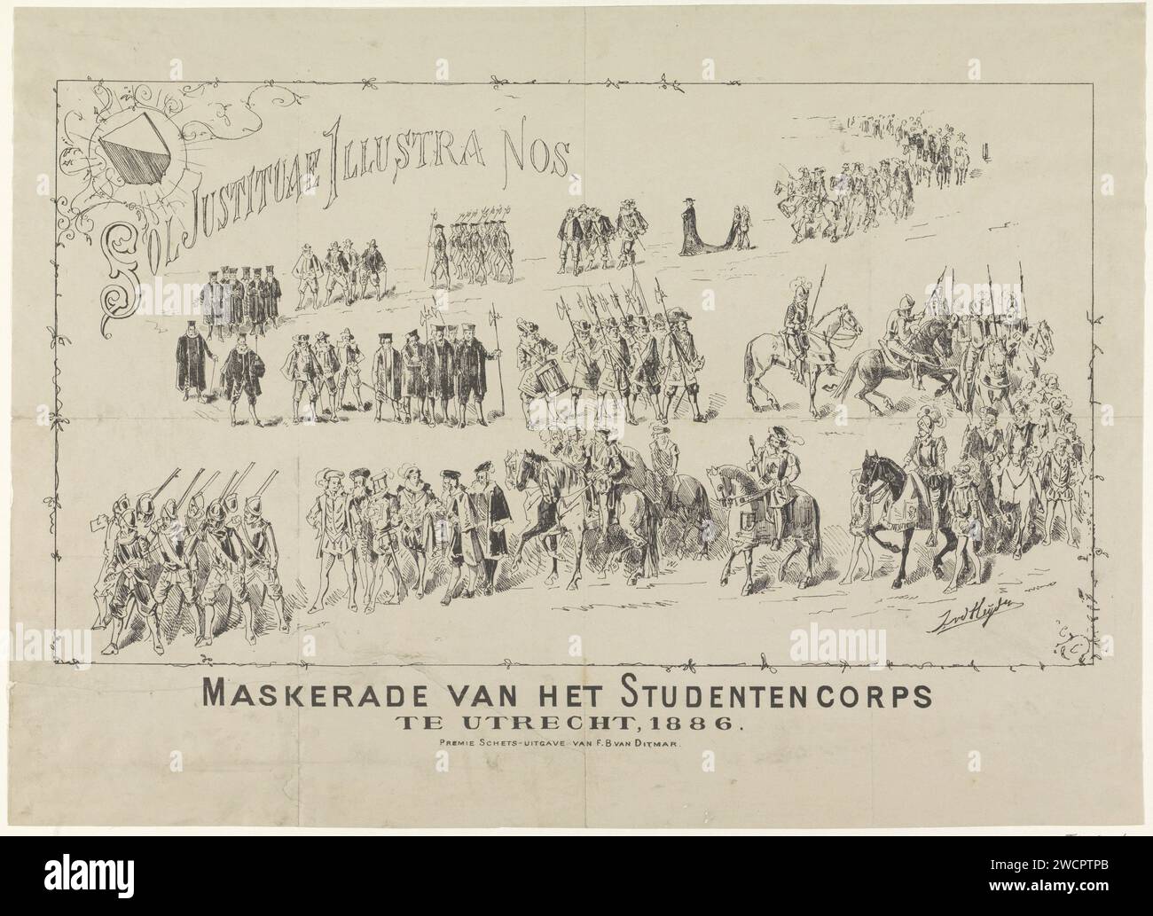 Maskerade del corpo studentesco di Utrecht, 1886, Johannes Hermanus van der Heijden, 1886 stampa storica Maskerade eseguita dagli studenti dell'Università di Utrecht, 1886. In alto a sinistra l'arma di Utrecht e l'iscrizione "Sol Justituae illustra NOS". Concorso per studenti di carta olandese. Costumi usati nei concorsi Utrecht Foto Stock