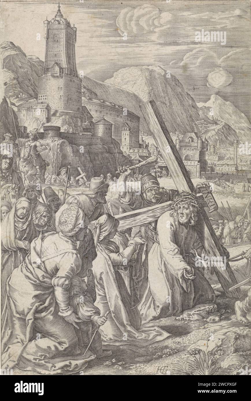 Attraversamento, Abraham Hogenberg, dopo Hendrick Goltzius, 1618 - prima del 1653 stampa Cristo porta la croce a Golgota. Veronica si inginocchia accanto a lui e gli offre una tela. Dietro di loro la processione con, tra gli altri, Maria e Giovanni. Sullo sfondo Gerusalemme. Carta di Colonia che incide Cristo incontra Veronica, che ha un panno per pulire il volto di Cristo. Portare la croce: Cristo che porta la croce, da solo o con l'aiuto degli altri (es. Simone il Cirene) Foto Stock