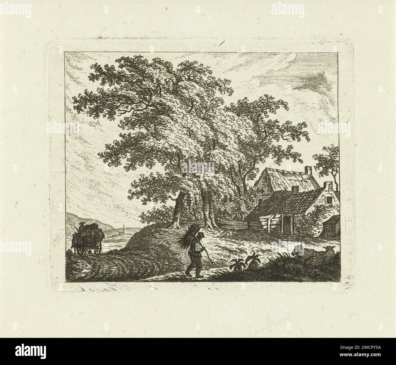 Paesaggio con fattoria e uomo con Takkenbos, Johannes van Cuylenburgh, 1803 - 1841 stampa olandese carta incisione fattoria o casa solitaria nel paesaggio Foto Stock