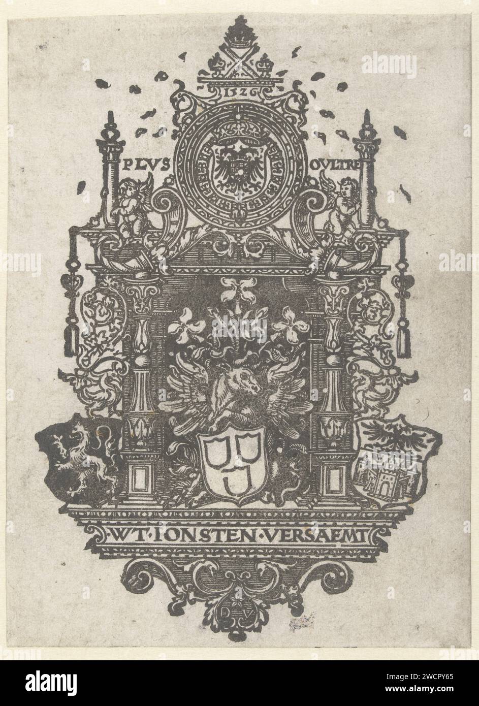 Blazoen of the St Lucasgild in Anversa, Dirck Vellert, 1526 stampa Blazoen con armi della città di Anversa e OS alato nel mezzo. Stemma di carta dei Paesi Bassi della Gilda di St. Luke Foto Stock